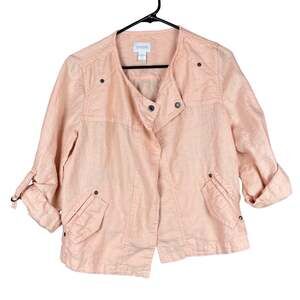 Chicos Womens Jacket Peach Linen Tab Sleeve Snap Button Casual Chic 0 (S)